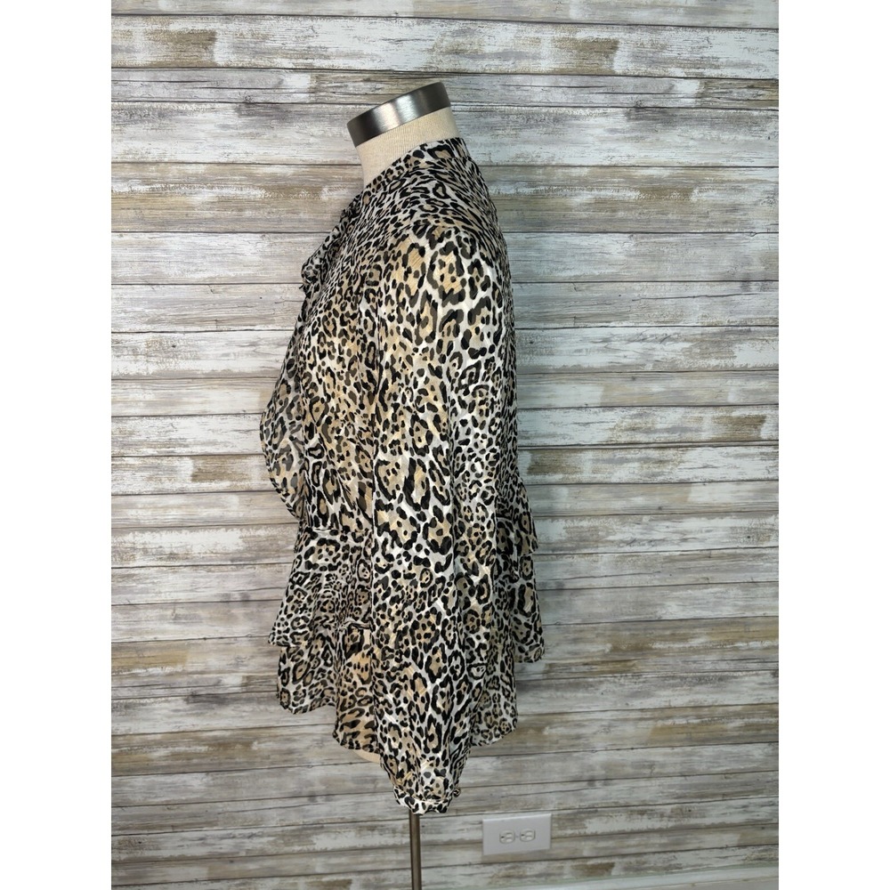 Chicos Small Leopard Print Ruffle Button Long Sleeve Sheer Top Women Size O - Picture 10 of 12